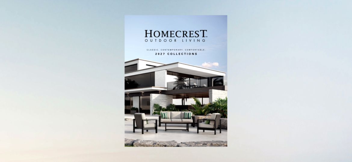 Cover of the Homecrest Outdoor Living 2027 catalog featuring modern outdoor lounge seating in front of a contemporary home.