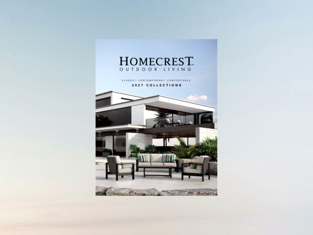 Cover of the Homecrest Outdoor Living 2027 catalog featuring modern outdoor lounge seating in front of a contemporary home.